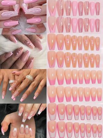 96入組(4款式)可愛的粉色女士全套法式設計可愛裸色底甲自然外觀貼式中長假甲中長棺材型假甲套裝,附贈收納盒,適合送給女性和女孩作為禮物