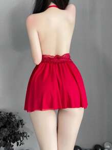 de mujeres sexy de espalda abierta escote en pico profundo perspectiva dos capas de malla Falda Vestido de dormir con de cuello halter - Burdeos - Ver 3
