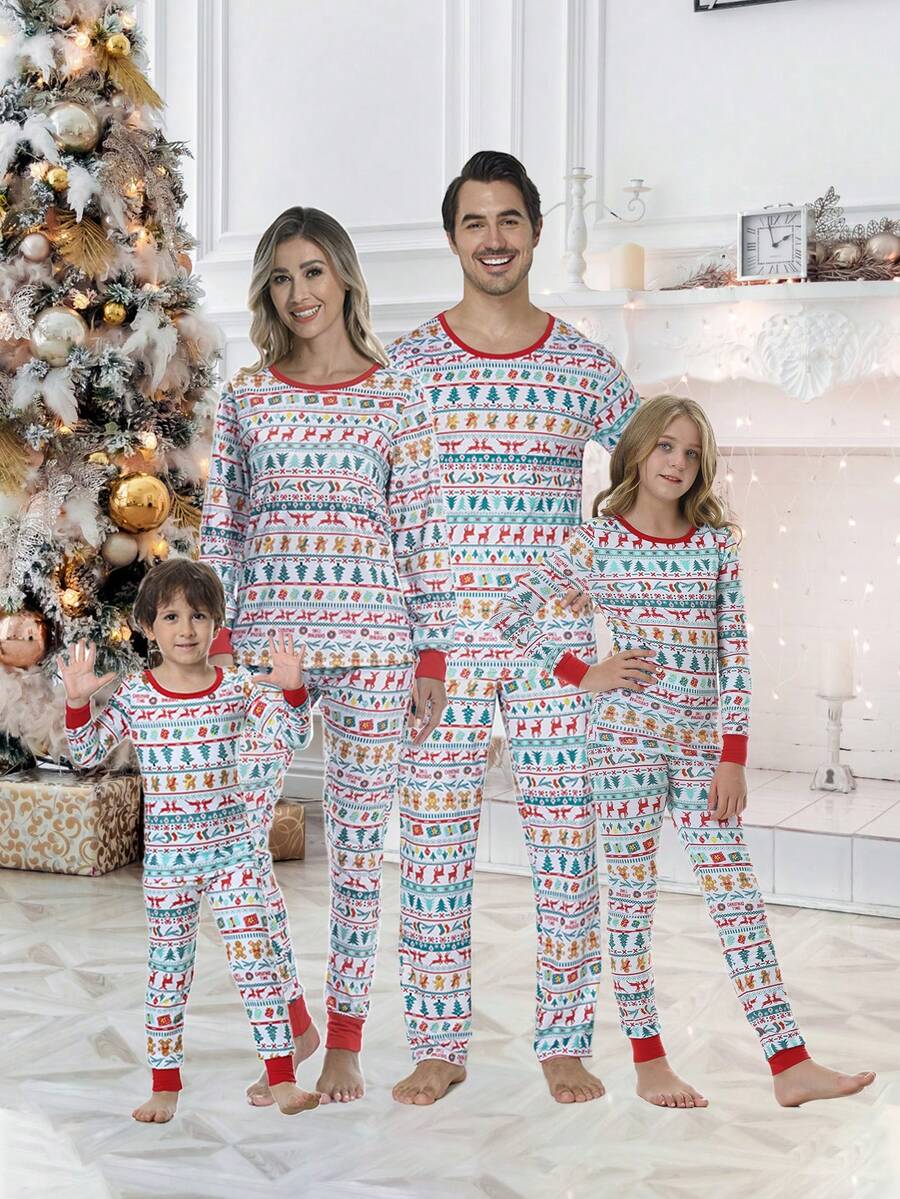 Bộ đồ ngủ gia đình theo chủ đề Giáng sinh cho bé gái, có in hình tuần lộc và cây thông Noel, áo phông dài tay và quần, bộ đồ mặc nhà vừa vặn thoải mái cho ngày lễ - trắng - Xem 1