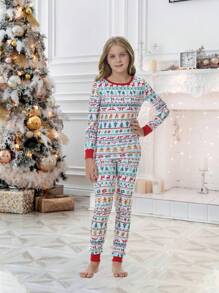 Bộ đồ ngủ gia đình theo chủ đề Giáng sinh cho bé gái, có in hình tuần lộc và cây thông Noel, áo phông dài tay và quần, bộ đồ mặc nhà vừa vặn thoải mái cho ngày lễ - trắng - Xem 6