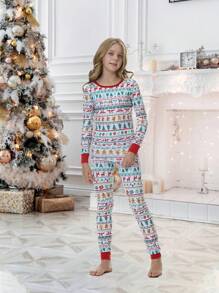 Bộ đồ ngủ gia đình theo chủ đề Giáng sinh cho bé gái, có in hình tuần lộc và cây thông Noel, áo phông dài tay và quần, bộ đồ mặc nhà vừa vặn thoải mái cho ngày lễ - trắng - Xem 4
