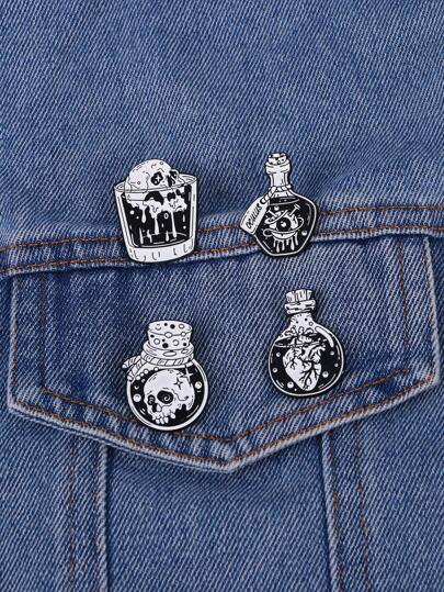 ROMWE 4pcs/Set Gothic Style Skull & Potion Bottle Design Hard Enamel Lapel Pin, Suitable For Women's Daily Wear