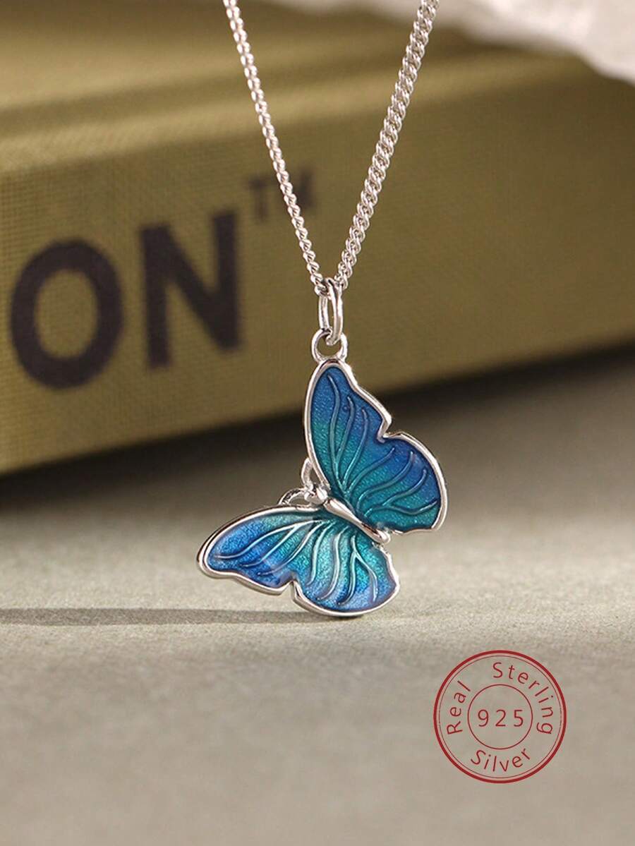 1入組簡約風和時髦S925純銀藍色蝴蝶吊墜項鍊適合女士,精細首飾類禮品