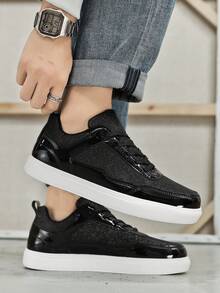 男士時尚亮片金屬紋結綁休閒平底鞋,專利皮革低頂運動鞋 - 黑色 - 查看 7