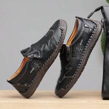 Men's Low-Cut Round Toe Business Casual Shoes, Handmade Comfortable Loafers For Spring & Autumn, Leather Shoes For Outdoor Walking