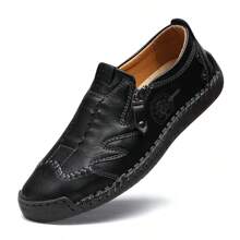 Men's Low-Cut Round Toe Business Casual Shoes, Handmade Comfortable Loafers For Spring & Autumn, Leather Shoes For Outdoor Walking