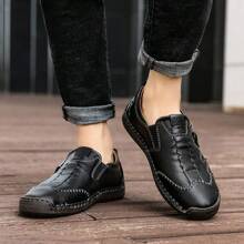 Men's Low-Cut Round Toe Business Casual Shoes, Handmade Comfortable Loafers For Spring & Autumn, Leather Shoes For Outdoor Walking