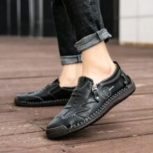 Men's Low-Cut Round Toe Business Casual Shoes, Handmade Comfortable Loafers For Spring & Autumn, Leather Shoes For Outdoor Walking