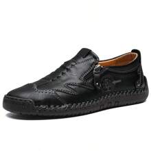 Men's Low-Cut Round Toe Business Casual Shoes, Handmade Comfortable Loafers For Spring & Autumn, Leather Shoes For Outdoor Walking