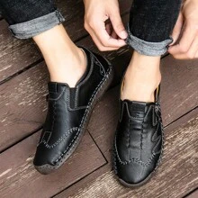 Men's Low-Cut Round Toe Business Casual Shoes, Handmade Comfortable Loafers For Spring & Autumn, Leather Shoes For Outdoor Walking