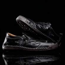 Men's Low-Cut Round Toe Business Casual Shoes, Handmade Comfortable Loafers For Spring & Autumn, Leather Shoes For Outdoor Walking