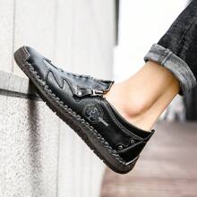 Men's Low-Cut Round Toe Business Casual Shoes, Handmade Comfortable Loafers For Spring & Autumn, Leather Shoes For Outdoor Walking