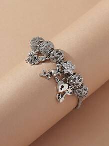 1pc Lovely Pine Cone, Snake, Fox, Rose Pendant Hollow Flower Ball & Beaded Copper Bracelet For Women, College Style Diy Bracelet With Free Assembly - Silver - View 6