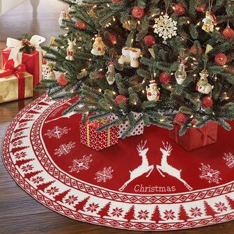1pc 48 Inches Christmas Tree Skirt With Snowflake And Reindeer Knitted Pattern, Rustic Double-sided Tree Skirt In Red And White For Party And Home Decoration, Reindeer & Snowflake Knit Style Christmas Tree Skirt