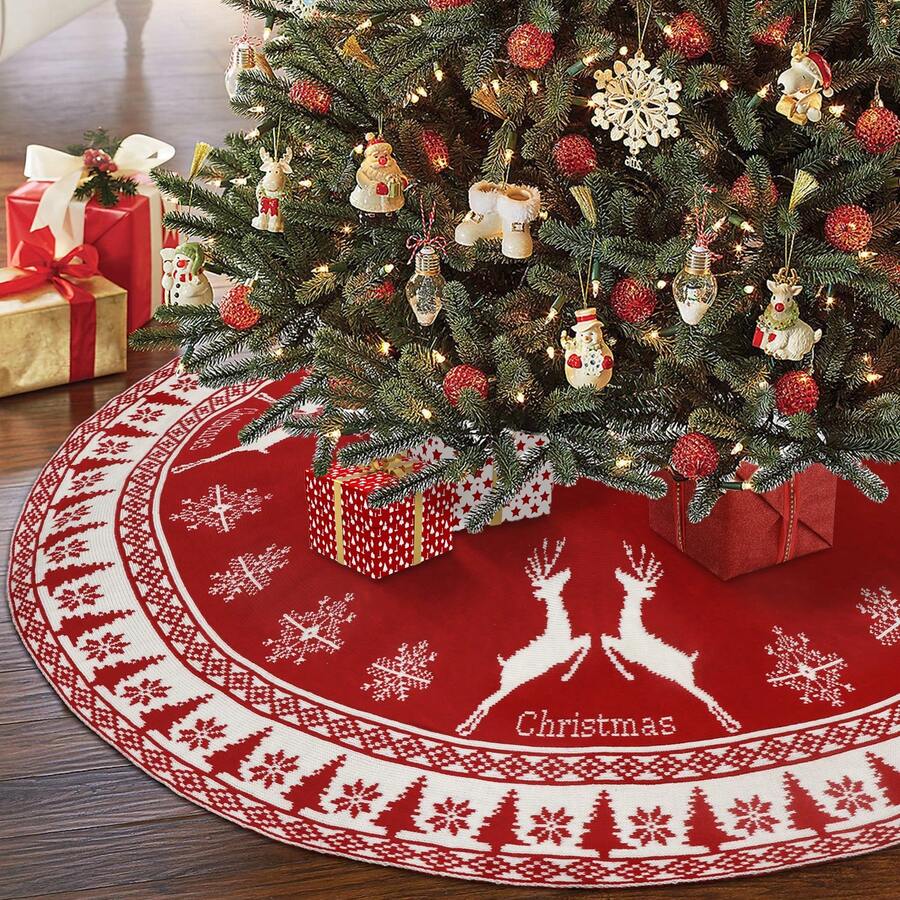 1pc 48 Inches Christmas Tree Skirt With Snowflake And Reindeer Knitted Pattern, Rustic Double-sided Tree Skirt In Red And White For Party And Home Decoration, Reindeer & Snowflake Knit Style Christmas Tree Skirt - Red and White - View 1