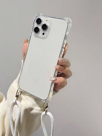 Funda de teléfono móvil de TPU suave y transparente con cordón de cuatro esquinas de color blanco + 1 cordón de nailon retráctil largo y resistente al agua, a los golpes y a los arañazos compatible con iPhone