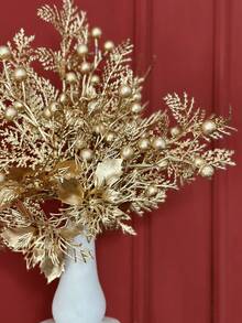1pc 25cm Plastic Seasonal Decoration Pine Needles With Beans, Modern & Minimalist Gold Color Christmas Pine Needles. Suitable For Party Decoration/ Home Decoration/ Photo Props/ Christmas - Gold - View 7