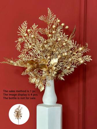 1pc 25cm Plastic Seasonal Decoration Pine Needles With Beans, Modern & Minimalist Gold Color Christmas Pine Needles. Suitable For Party Decoration/ Home Decoration/ Photo Props/ Christmas