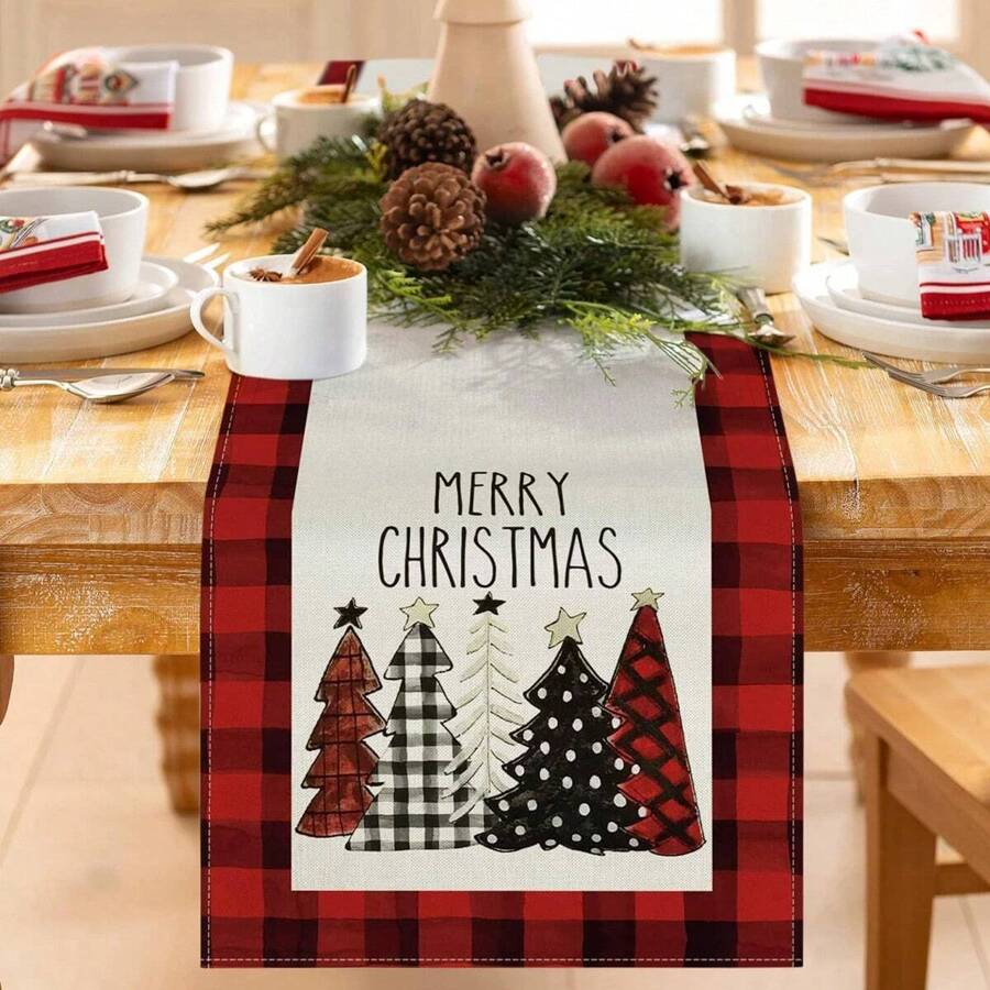 1 Pieza Manteles Navideños De Cuadros Rojos Y Con Diseño De Árbol De Navidad Y Feliz Navidad Con Acuarela, Decoración De Invierno De Temporada Para Cocina Y Comedor, Adecuado Para Decoración De Fiestas Familiares En Interiores Y Exteriores - Rojo - Ver 1