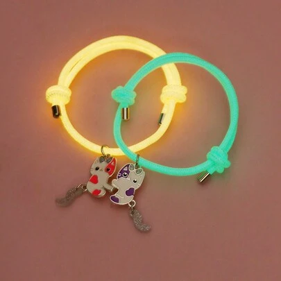 2 Piezas/set Pulsera Trenzada De Poliéster Luminosa Y Con Gota De Aceite Multicolor Para Niños Con Diseño De Gato De Aleación De Zinc, Adecuada Para Uso Diario