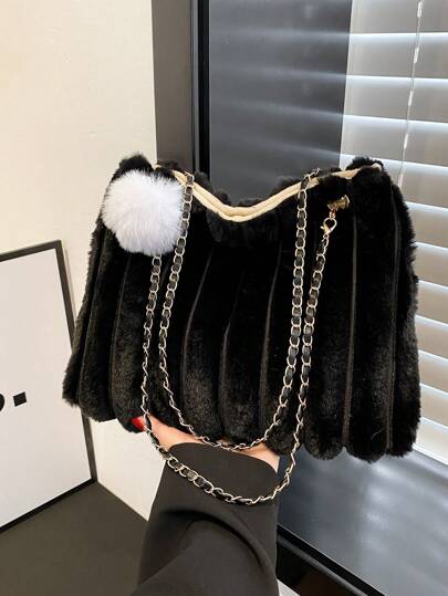 1 حقيبة ترحال مبطنة سوداء، حقيبة كتف ويد فرائية موضة شتاء وخريف جديدة مناسبة للاستخدام اليومي للنساء، حقيبة نسائية جديدة لفصلي الخريف والشتاء، أفضل حقيبة خريفية، حقيبة فراء جديدة