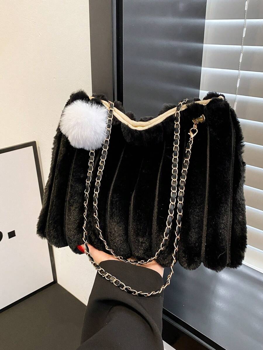 1 件黑色毛绒链条手提包，秋冬新款时尚毛绒单肩包和手提包适合女性日常使用，新款秋冬女包，最佳秋季钱包，新款皮草钱包