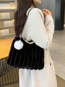 1 件黑色毛绒链条手提包，秋冬新款时尚毛绒单肩包和手提包适合女性日常使用，新款秋冬女包，最佳秋季钱包，新款皮草钱包 - 黑色 - 查看 4