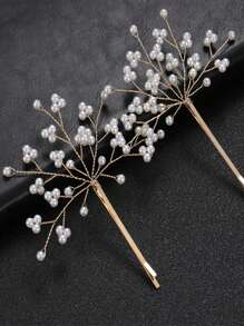 1pair Beautiful And Luxurious Gypsophila Inlaid With Faux Pearls One-Character Hairpin For Women Wedding Banquet Party Gift Elegant Tiaras Hair Combs Combs For Hair Side Comb - Gold - View 5