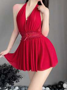 de mujeres sexy de espalda abierta escote en pico profundo perspectiva dos capas de malla Falda Vestido de dormir con de cuello halter - Burdeos - Ver 1