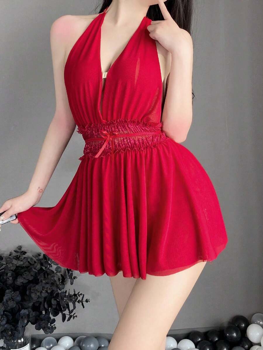 de mujeres sexy de espalda abierta escote en pico profundo perspectiva dos capas de malla Falda Vestido de dormir con de cuello halter - Burdeos - Ver 1