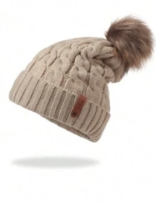 可愛的女士皮牌針織帽，在冬季加厚保暖防寒毛線帽，時尚戶外女士帽 - 卡其色 - 查看 1