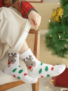 1對女性中筒長袜,印有馴鹿和波點圖案,採用珊瑚絨製成,厚保溫,適合家居和休閒穿著,適用於冬季 - 彩色 - 查看 1