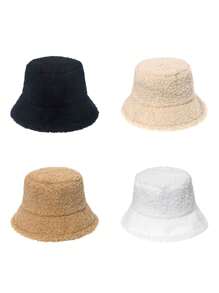 1 pieza Gorro tipo cubo esponjoso de otoño/invierno para mujeres, gorro tipo cubo de pareja cálido con forro de felpa sólido estilo japonés y ala corta linda - Negro - Ver 3