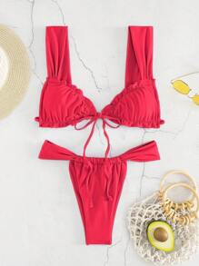 New Sexy Solid Color Bikini Set For Women, Halter Neck Lace-Up Bandeau Top & Brief Bottom With Ruffle Trim Summer