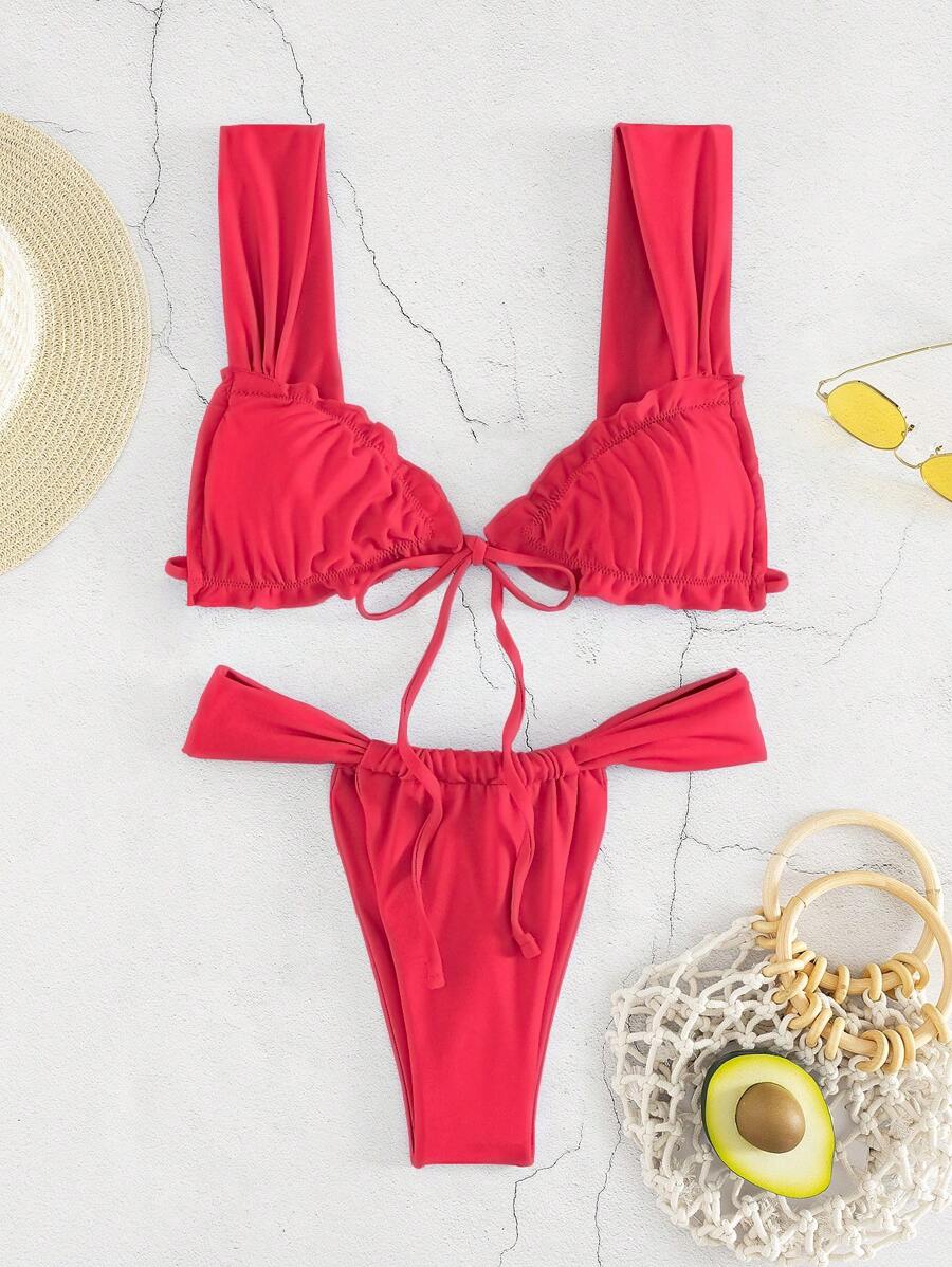 New Sexy Solid Color Bikini Set For Women, Halter Neck Lace-Up Bandeau Top & Brief Bottom With Ruffle Trim Summer