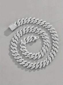 CVNANA 1pc 15mm European & American Style Rhinestone Inserted Chain Necklace As All-Matching Personalized Jewelry For Men & Women - Silver - View 2