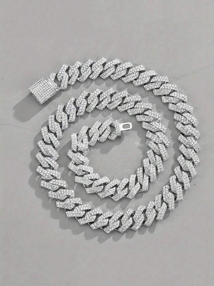 CVNANA 1 pieza Collar con cadena con incrustaciones de rhinestone de 15mm, estilo europeo y americano, como joyería personalizada a juego para hombres y mujeres - Plateado - Añade 1