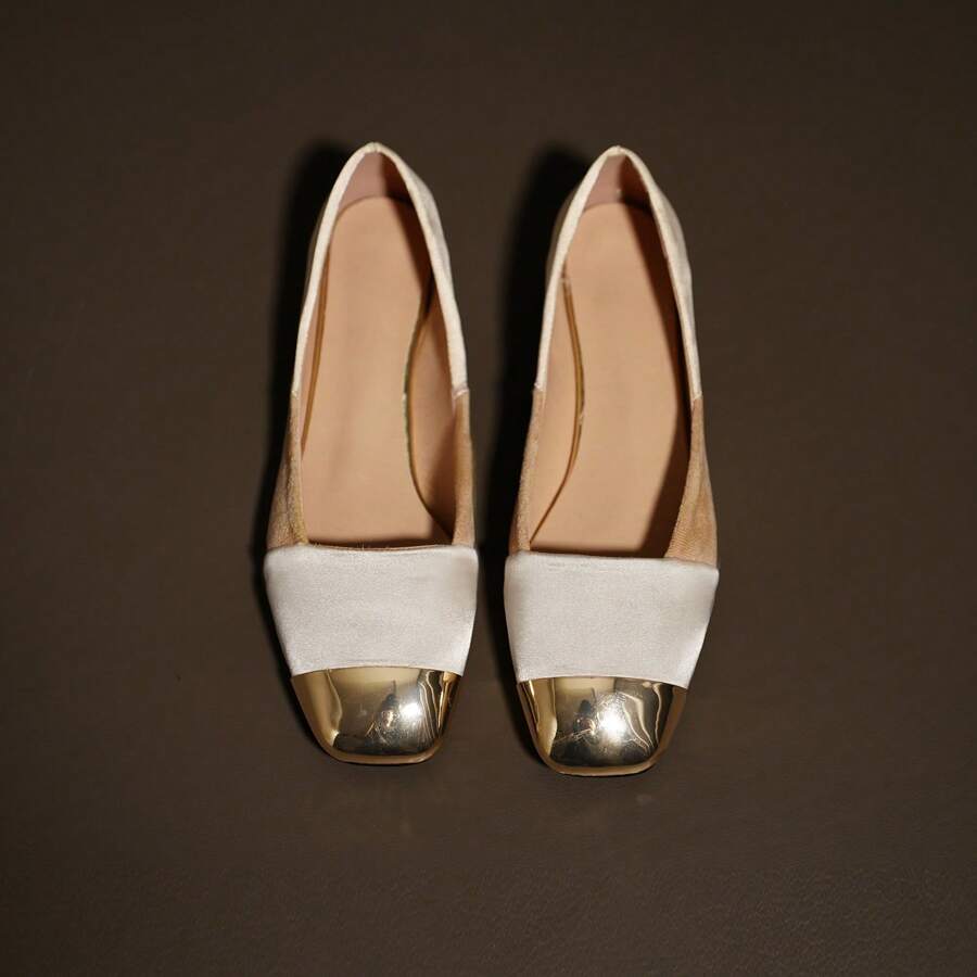 2023 Mùa Xuân Và Mùa thu Phong cách mới Kim loại Sau đó Chóp giầy hình vuông Khối màu Pump Giày dép Của phụ nữ Giày cưới Linh hoạt Tiếng Pháp Giày phẳng - Màu be - Xem 1