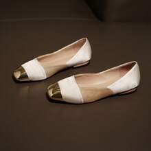 2023 Mùa Xuân Và Mùa thu Phong cách mới Kim loại Sau đó Chóp giầy hình vuông Khối màu Pump Giày dép Của phụ nữ Giày cưới Linh hoạt Tiếng Pháp Giày phẳng - Màu be - Xem 2