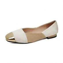 2023 Mùa Xuân Và Mùa thu Phong cách mới Kim loại Sau đó Chóp giầy hình vuông Khối màu Pump Giày dép Của phụ nữ Giày cưới Linh hoạt Tiếng Pháp Giày phẳng - Màu be - Xem 5