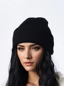1pc Solid Color Knitted Beanie Hat For Women, Winter Warm And Simple Style, Perfect For Daily Wear Casual - Black - View 1
