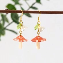Handmade Mushroom Fruit  Fun Dangle Drop Earrings - Red - View 1