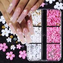 1 caja de decoraciones de uñas 3D con flores pequeñas de color rosa y blanco, cuentas doradas y plateadas, diseños kawaii, accesorios de moda y manualidades para manicura - Rosa - Ver 1