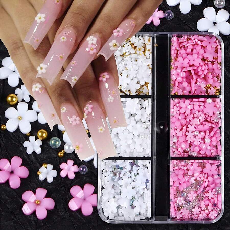 1 caja de decoraciones de uñas 3D con flores pequeñas de color rosa y blanco, cuentas doradas y plateadas, diseños kawaii, accesorios de moda y manualidades para manicura - Rosa - Ver 1