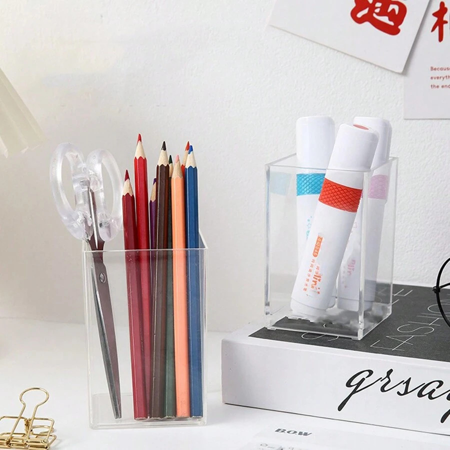1入組透明亞克力diy方形簡易筆筒,辦公室文具桌面整理器 - 無色 - 查看 1