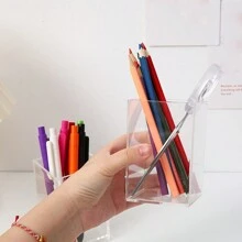 1入組透明亞克力diy方形簡易筆筒,辦公室文具桌面整理器 - 無色 - 查看 5