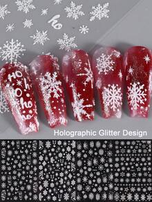 4 件裝全像閃光白色雪花指甲貼,冬季 3d 自黏指甲貼花節日設計聖誕裝飾聖誕節 Diy 美甲用品 - 白色 - 查看 4