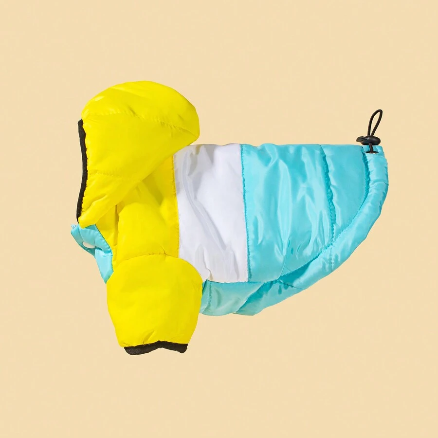 1pc Fashionable Yellow & Blue Spliced Hooded Pet Jacket With Two Legs For Autumn And Winter, Suitable For Cats And Dogs To Keep Warm