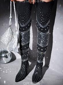 Women's  Thigh High Boots W/ Rhinestone & Gems - Single Pointy Toe Denim, Mesh Thigh High,Western High Heel For Festival Shoes - màu đen - Xem 1