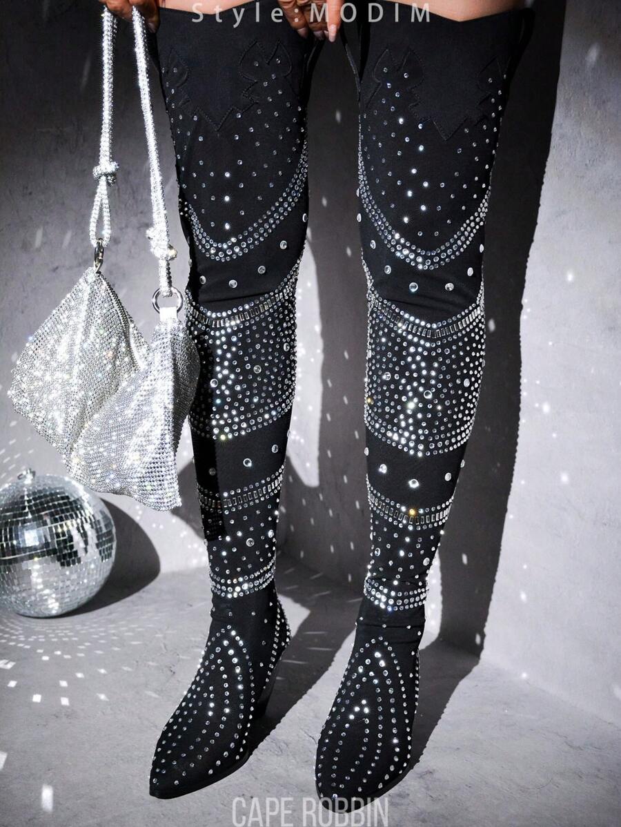 Women's  Thigh High Boots W/ Rhinestone & Gems - Single Pointy Toe Denim, Mesh Thigh High,Western High Heel For Festival Shoes - màu đen - Xem 1